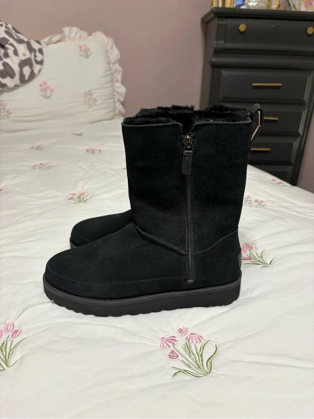 UGG Black Suede Shearling-Lined Zip Winter Boots